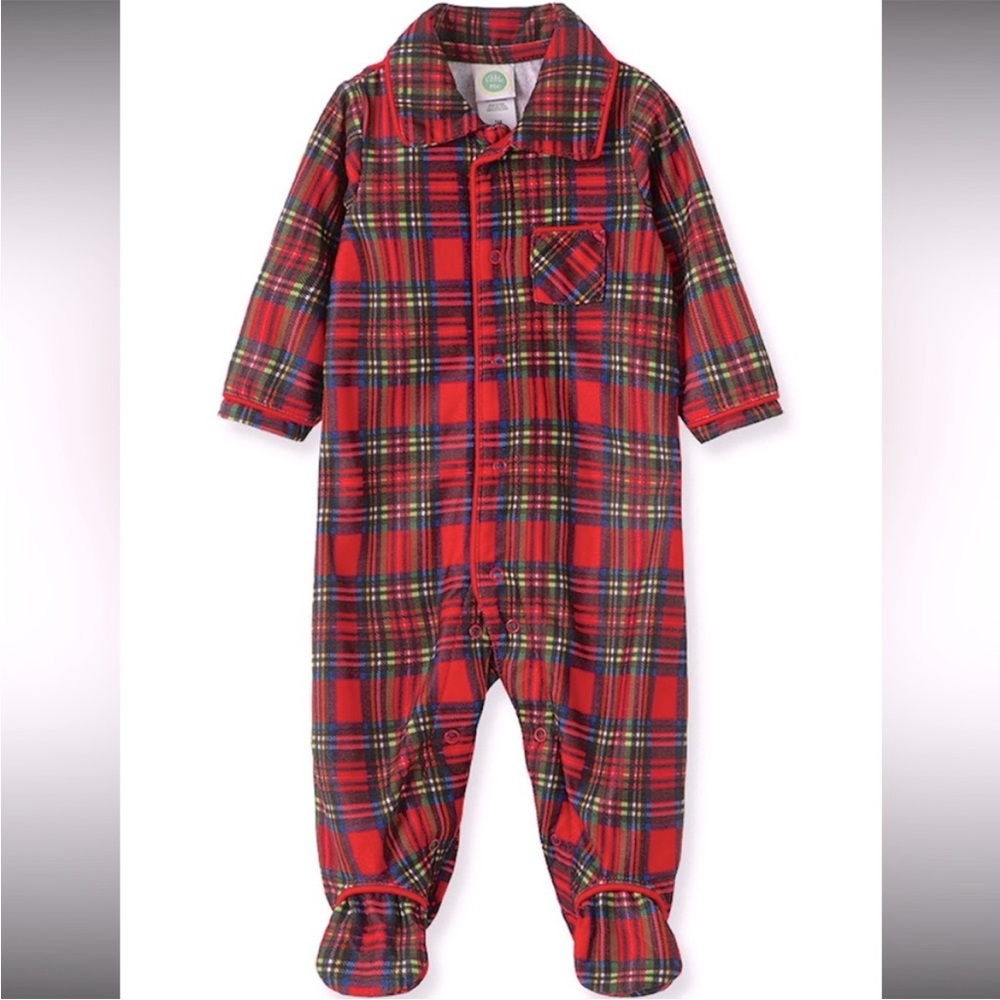 Little Me brand Baby Boys Plaid Footie Pajamas in “Red” (plaid)